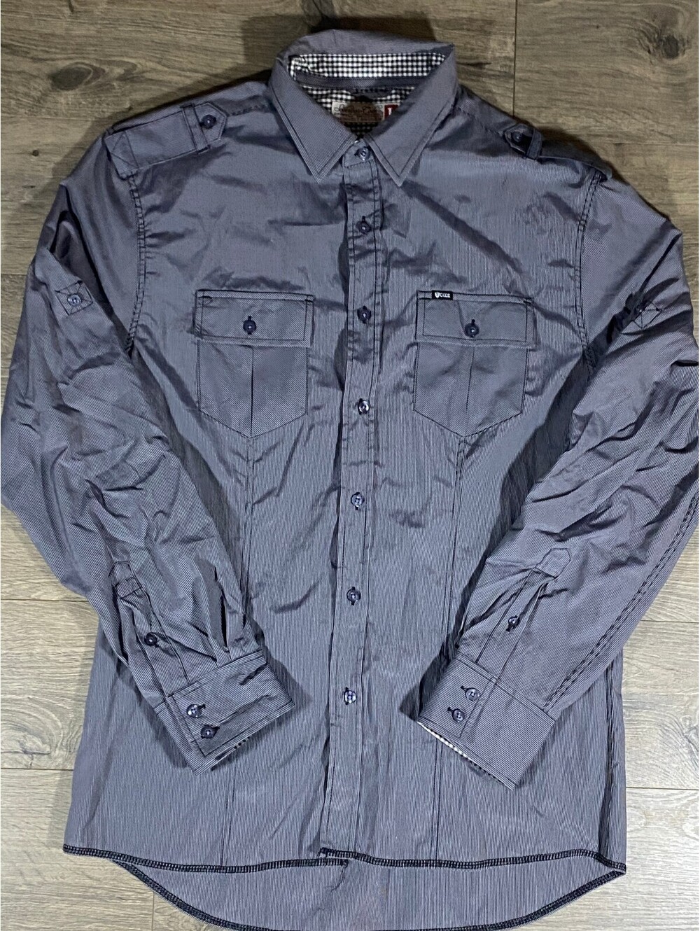 Sovereign Code Men's L Charcoal Stripe Utility Button Down Shirt Epaulets